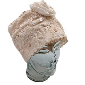 Vintage Glentex Ivory Color Bonnet Lace Net Hat with Button and Rose Accent